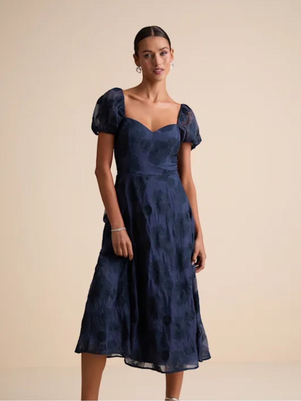 NWT Lulus Sweetest Behavior Navy Embroidered Puff Sleeve Midi Dress